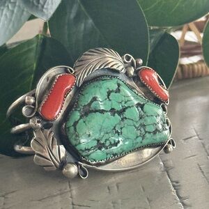 Vintage 1970’s Turquoise and Branch Coral cuff Sterling Silver Signed